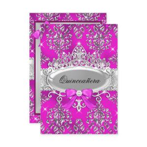 Pink Silver Tiara Damask Quinceanera Invite