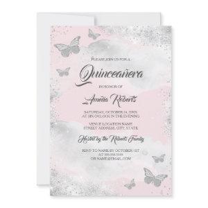 Pink Silver Watercolor Butterfly Dress Quinceanera
