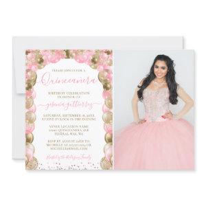 Pink Sparkle Glam Quinceañera Balloon Photo Invita