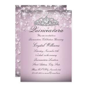 Pink Sparkle Tiara & Hearts Quinceanera Invite