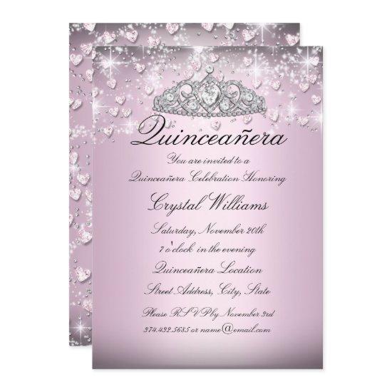 Pink Sparkle Tiara & Hearts Quinceanera Invite