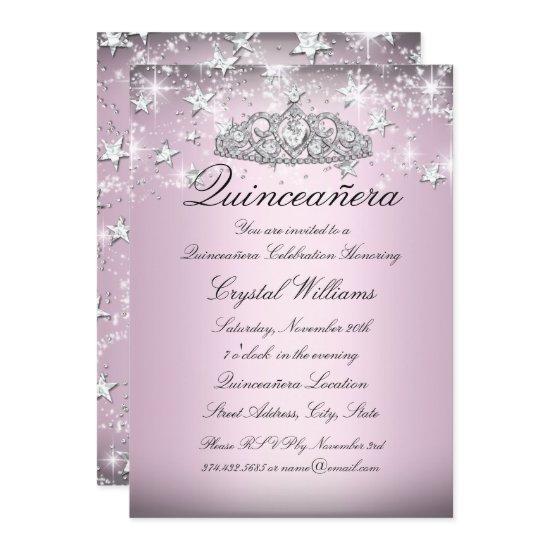 Pink Sparkle Tiara Stars Quinceanera Invite