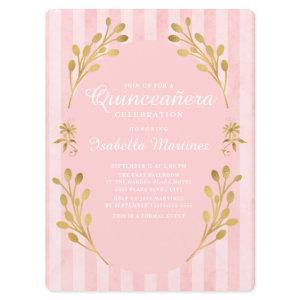 Pink Stripes Gold Leaves Quinceañera