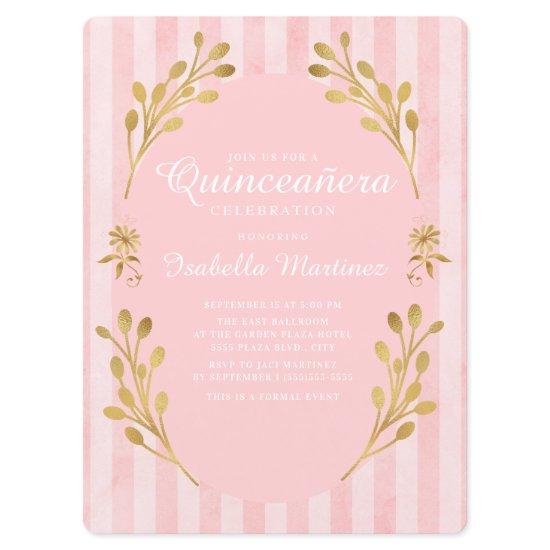 Pink Stripes Gold Leaves Quinceañera