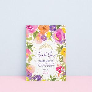 Pink summer floral watercolor gold Quinceanera Thank You Card