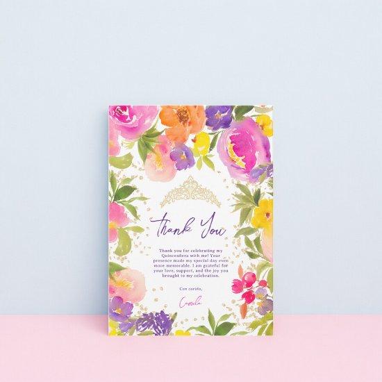 Pink summer floral watercolor gold Quinceanera Thank You Card