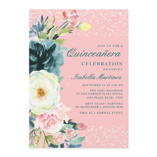 Pink Teal Cream Floral Quinceanera Birthday