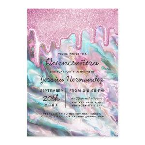 Pink Teal Pearl Opal Glitter Drips Quinceañera