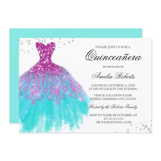 Pink Teal Sparkle Dress Quinceanera