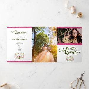 Pink Traditional Mexican Floral Photo Quinceanera Tri-Fold