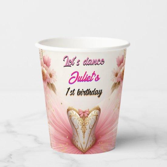 pink Tutu chic girls Ballerina 1st birthday Paper Cups