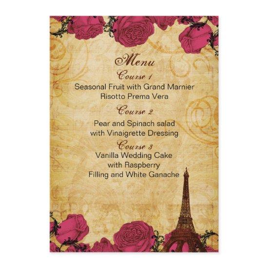 Pink vintage eiffel tower Paris wedding menu cards