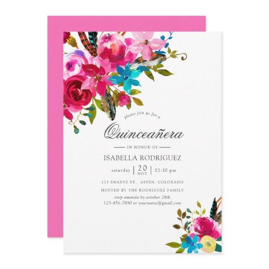 Pink Watercolor Boho Chic Floral Quinceañera