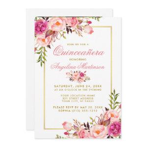 Pink Watercolor Floral Quinceanera Photo Gold