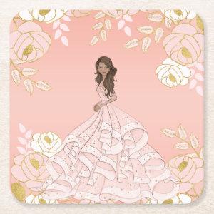 Pink White and Gold Botancial Quinceanera Square Paper Coaster