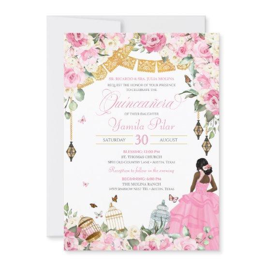 Pink White Elegant Floral Butterfly Quinceanera 5