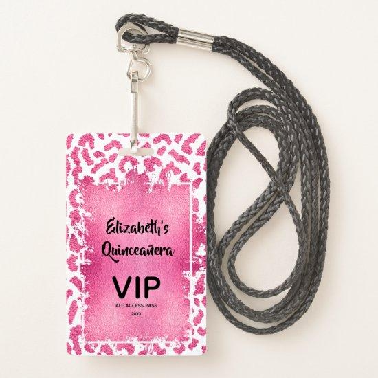 Pink White Leopard Quinceañera Invite VIP Pass Badge