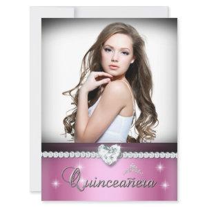 Pink White Quinceanera 15 Faux Diamond Photo