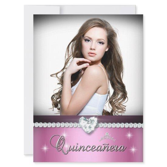Pink White Quinceanera 15 Faux Diamond Photo