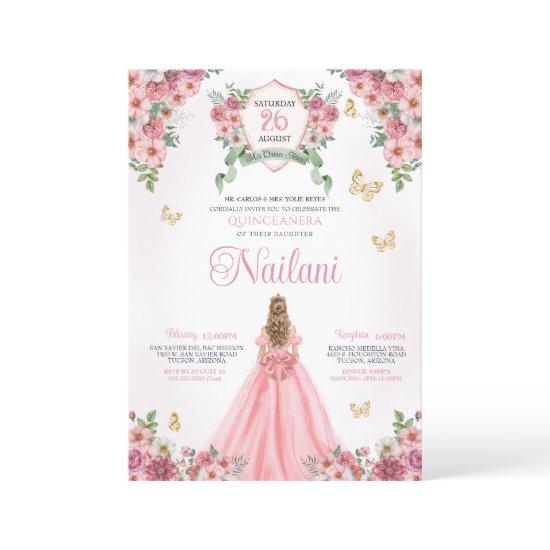 Pink with Gold Butterflies Rose Bloom Quinceanera
