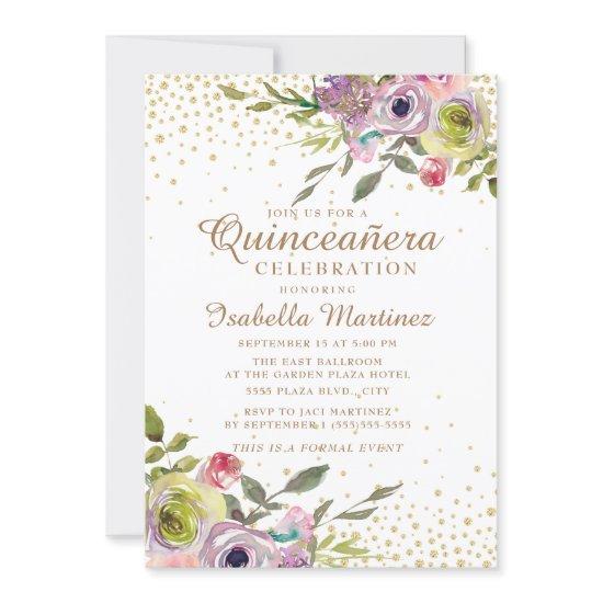 Pink Yellow Floral Gold Glitter Quinceañera