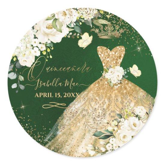 PixDezine Quinceanera Gold Glitter Gown Roses Classic Round Sticker