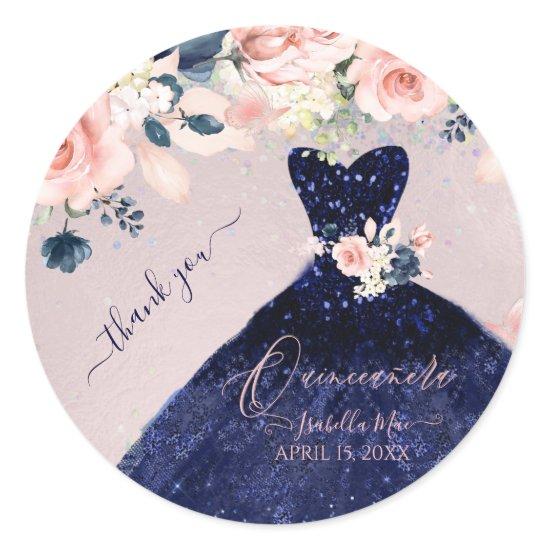 PixDezineQuinceanera Navy Glitter Gown Blush Roses Classic Round Sticker