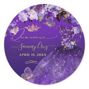 PixDezines Butterflies Quinceanera, Dark Purple In Classic Round Sticker
