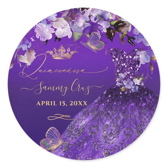 PixDezines Butterflies Quinceanera, Dark Purple In Classic Round Sticker