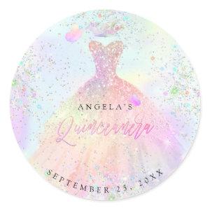 PixDezines Holographic Quinceanera Gown Glitter Classic Round Sticker