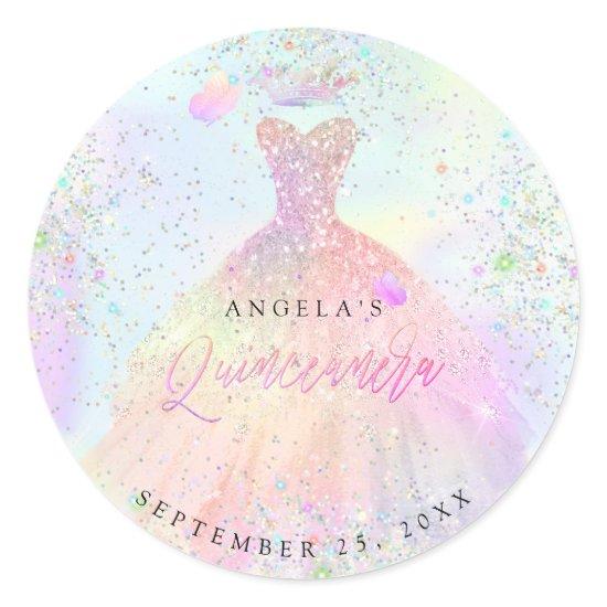 PixDezines Holographic Quinceanera Gown Glitter Classic Round Sticker