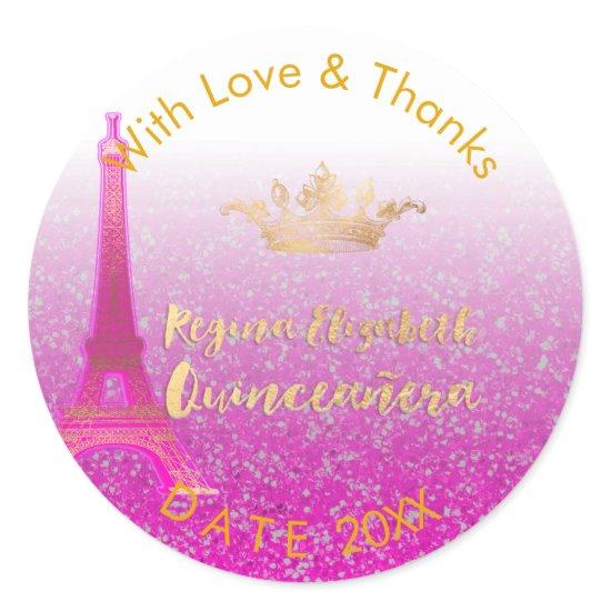 PixDezines Neon Pink Eiffel/Sweet 15/DIY Thank You Classic Round Sticker