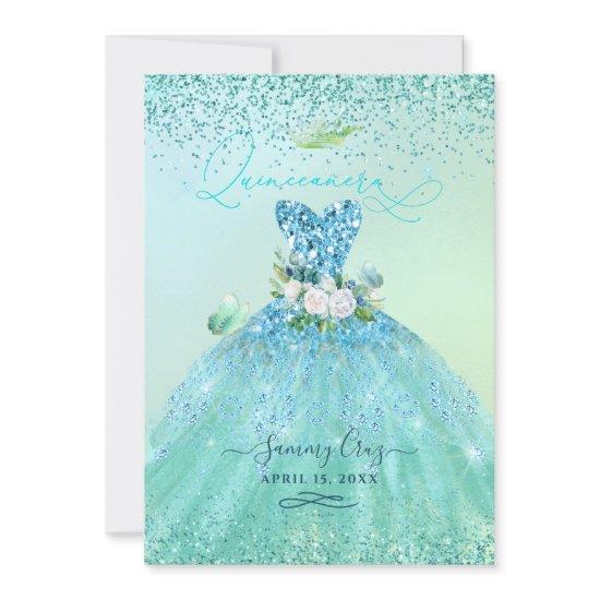 PixDezines Quinceanera Aqua Teal Glitter Gown