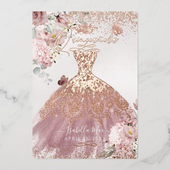 PixDezines Quinceanera Dusty Rose Gold Gown Foil