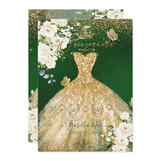PixDezines Quinceanera Gold Glitter Gown Green