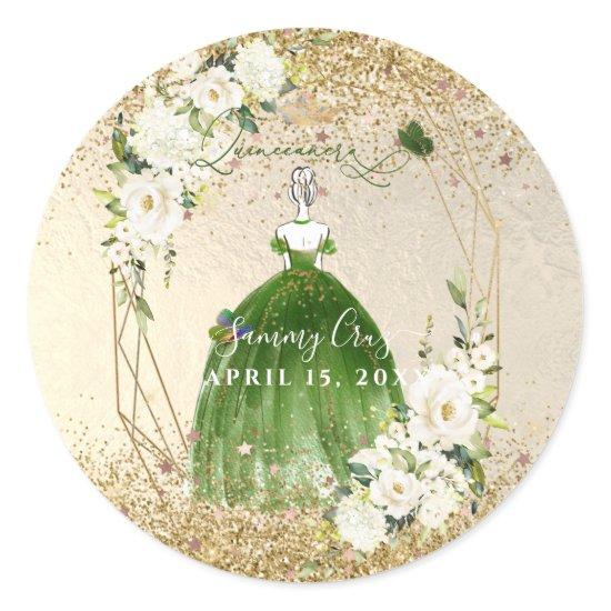 PixDezines Quinceanera H2 Emerald Green Dress Classic Round Sticker