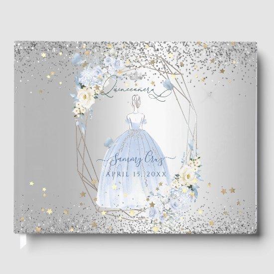 PixDezines Quinceanera H2 Flowers Dusty Blue Roses Guest Book