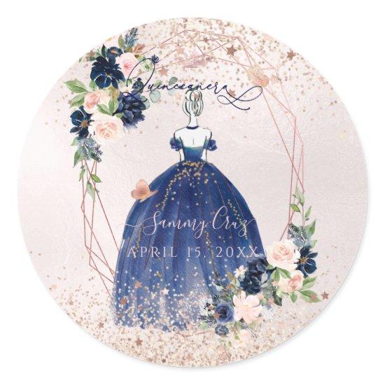 PixDezines Quinceanera Navy Rose Gold H2 Flowers Classic Round Sticker