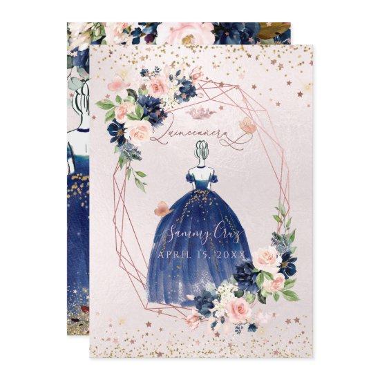 PixDezines Quinceanera Navy Rose Gold H2 Flowers