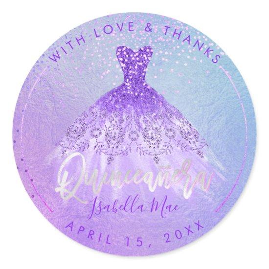 PixDezines Quinceanera Purple+Violet Gown Classic Round Sticker