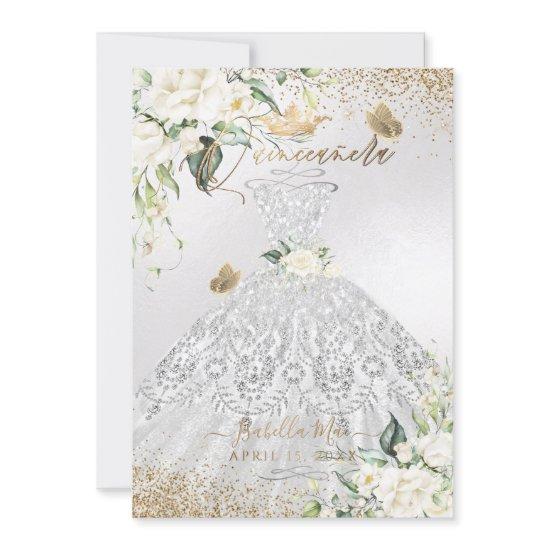 PixDezines Quinceanera Silver Dress Gold Glitter