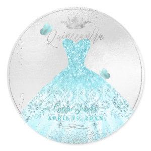 PixDezines Quinceanera Sparkle Blue Ombre Gown Classic Round Sticker