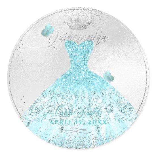PixDezines Quinceanera Sparkle Blue Ombre Gown Classic Round Sticker