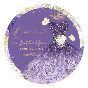 PixDezines Quinceanera Violet Purple Glitter Gown  Classic Round Sticker