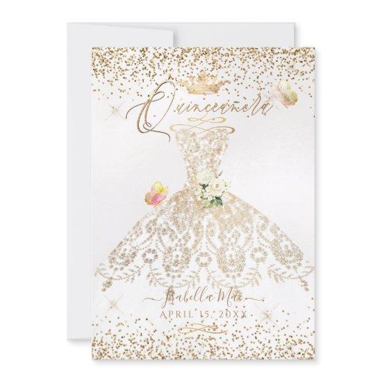 PixDezines Quinceanera White Gold Glitter Gown