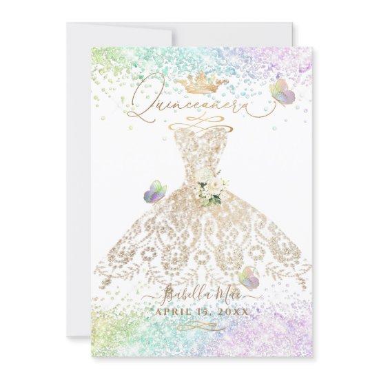 PixDezines Quinceanera White Gold Gown Butterflies