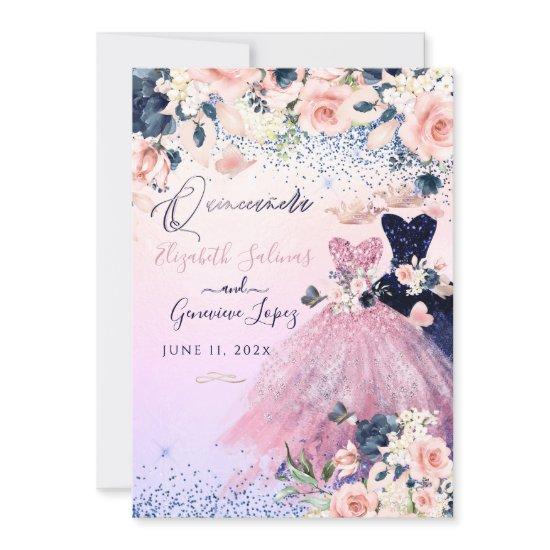 PixDezines Twins Quinceanera Navy Blue+Blush
