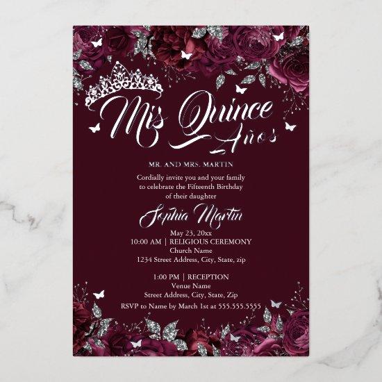 Plum Burgundy Rose Mis Quince Quinceanera  Foil