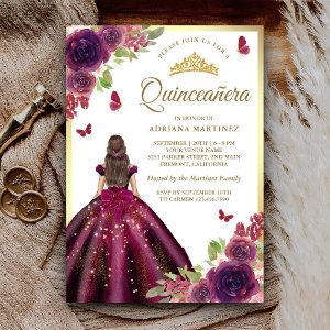 Plum Dress Floral Butterfly Gold Quinceanera
