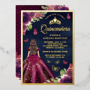 Plum Floral Butterfly Navy Blue Quinceanera Gold Foil